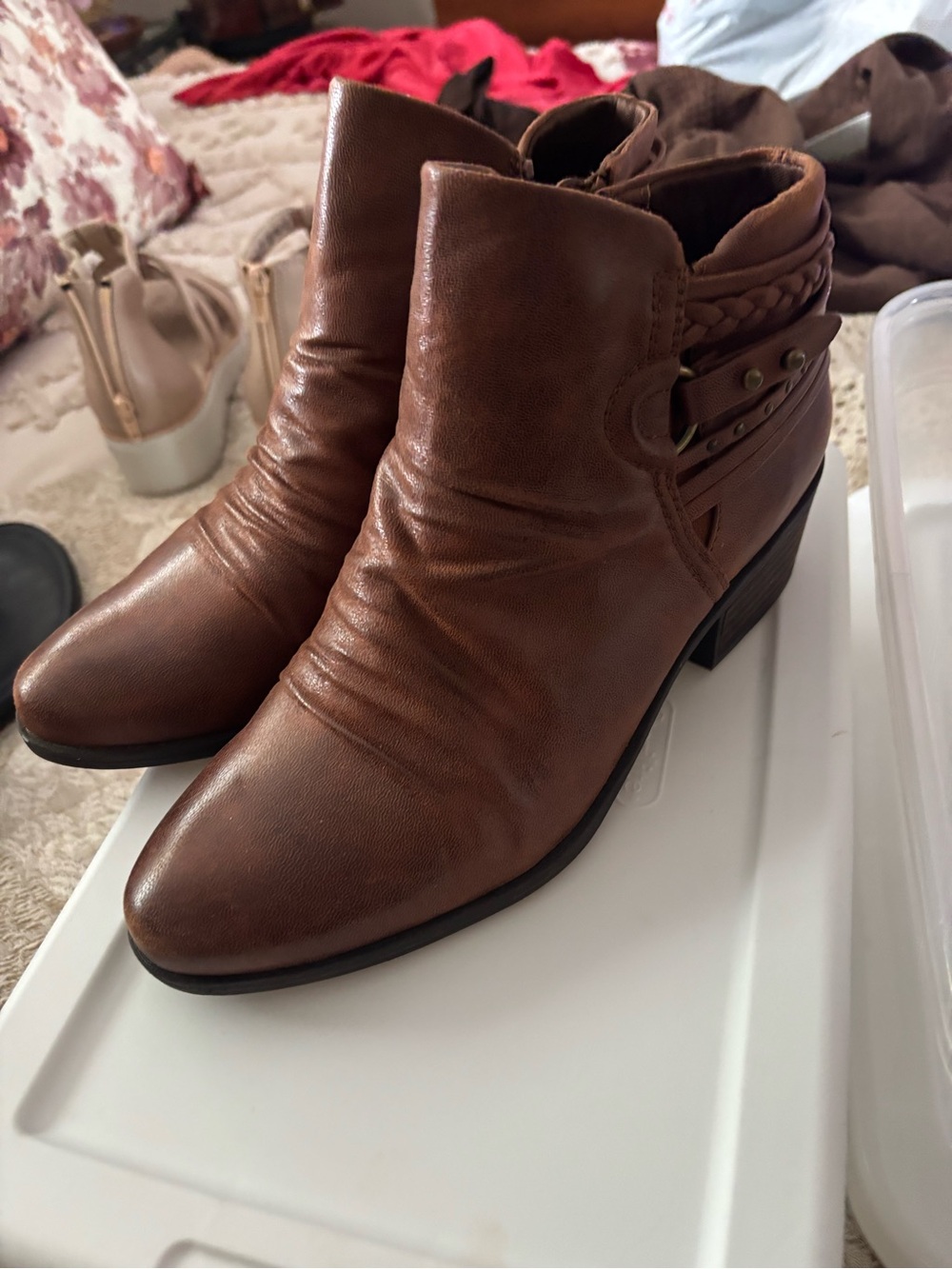 Women’s Brown Ankle Booties with Braided Strap Detail